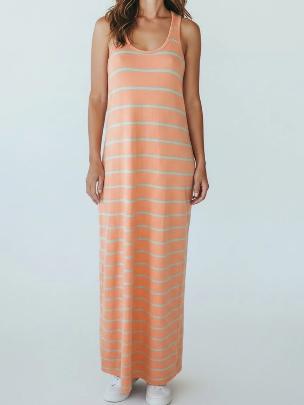 Kirra Striped Maxi Dress Coral Racerback Bodycon Stretch Casual Summer Dress